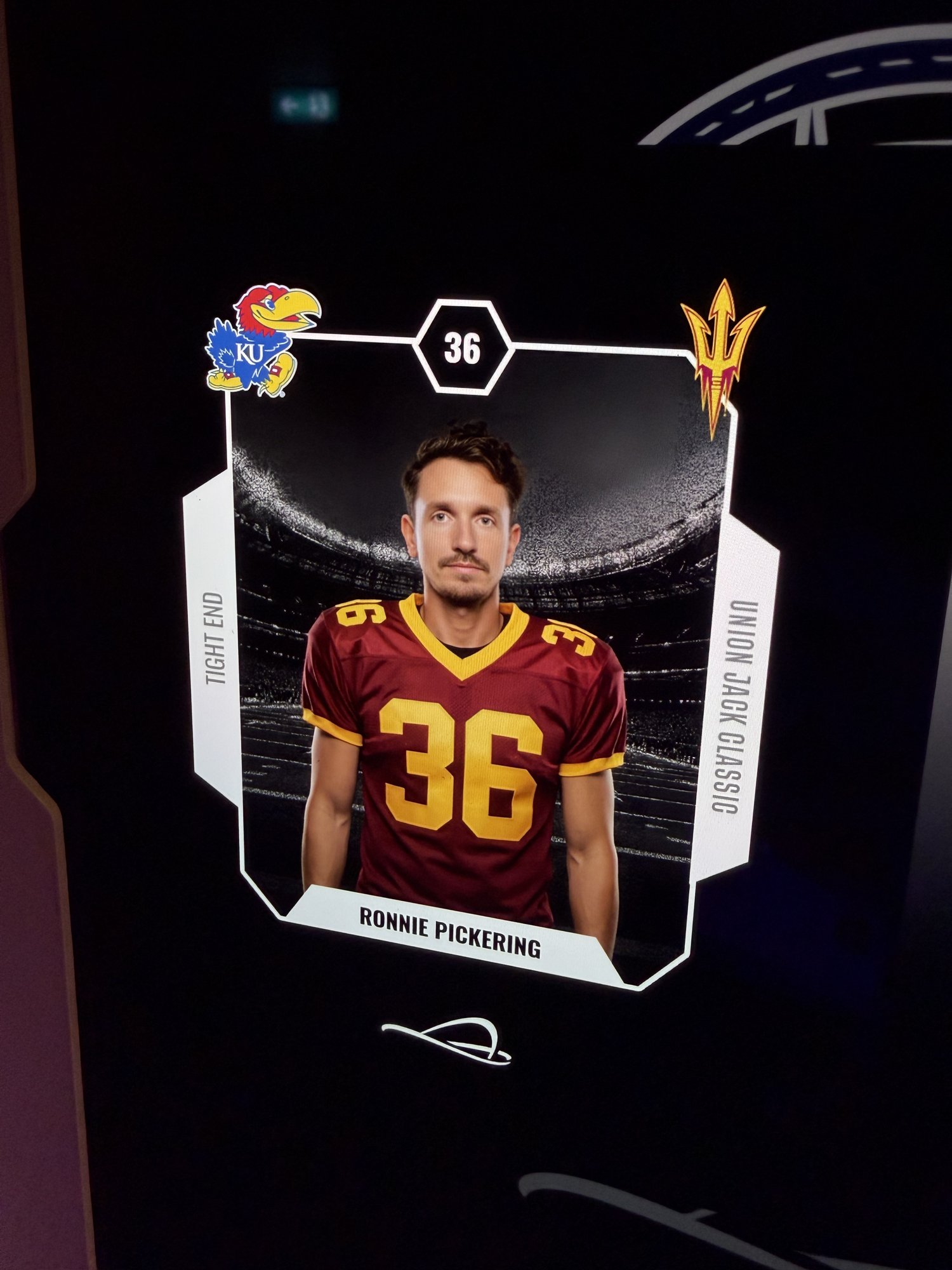 AI-generated American football trading card from the photo booth at the Union Jack Classic, Wembley Stadium, with the guest's name, position and shirt number