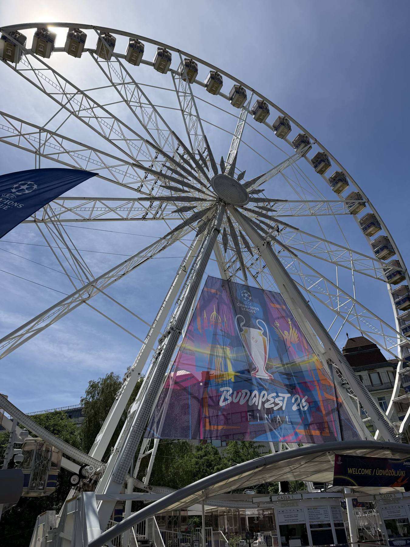 Budapest Eye ferris wheel dressed with UEFA Champions League Final Budapest 26 branding
