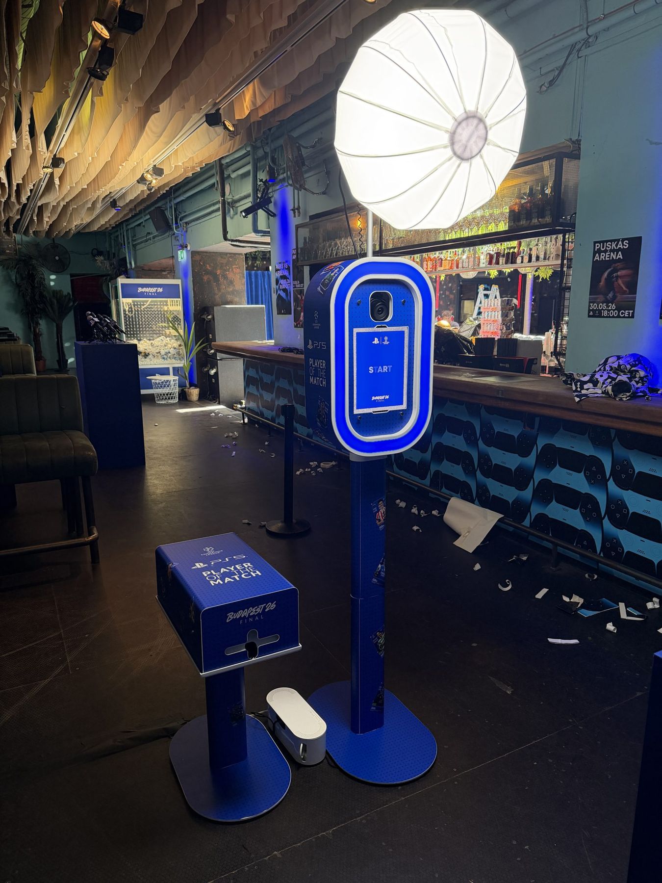 PlayStation branded photo booth and Player of the Match plinth in the hospitality area at the UEFA Champions League Final, Budapest