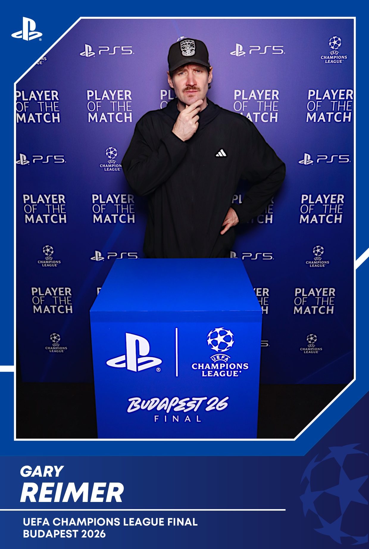 Personalised PlayStation photo booth image with the guest's name and Player of the Match branding, UEFA Champions League Final Budapest 2026
