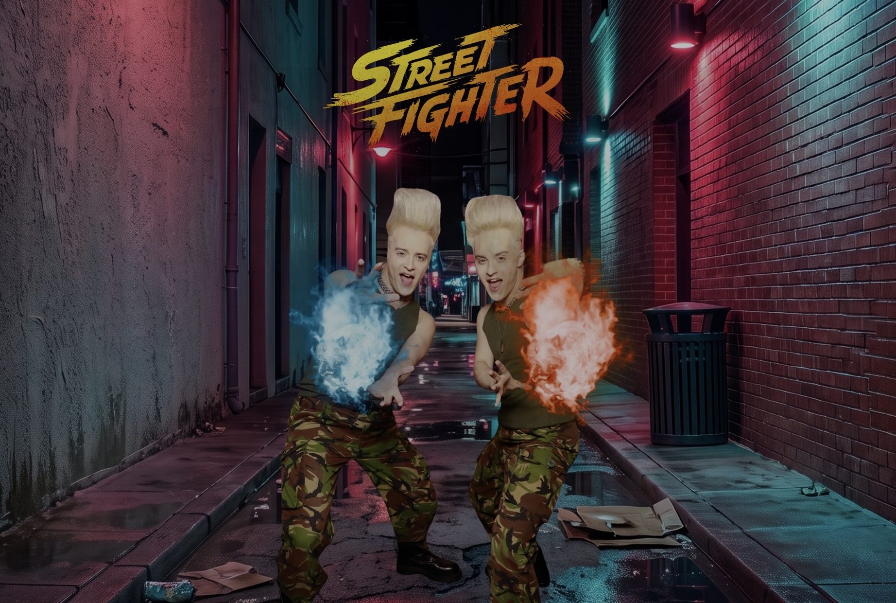 AI photo booth image of two guests throwing Hadouken fireballs in a neon alley with the Street Fighter logo, from the movie launch party at NQ64 Soho